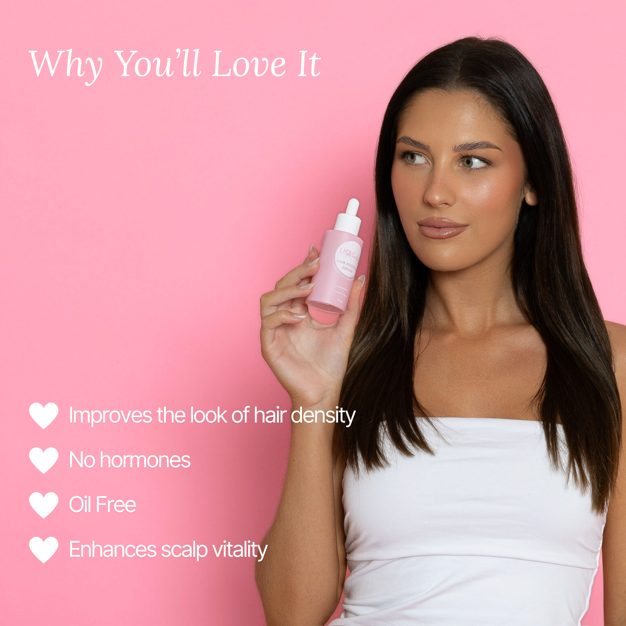Woman holding a Lash Therapy Autralia Hair Boosting Peptide Serum bottle with text on a pink background